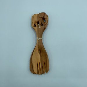 Vintage Carved Wooden African Elephant Serving Spoon & Fork Set - NWOT